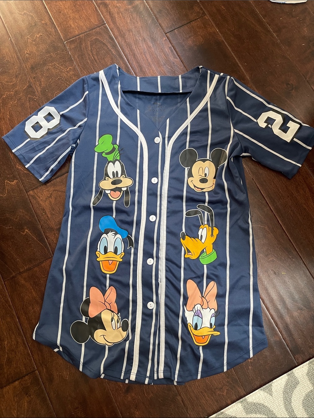 Disney Navy Blue and White Striped Baseball Button-Up with Character Faces